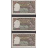Reserve Bank of India, 5 Rupees (6), ND (1937), consecutive serial numbers H/66 804124-26...