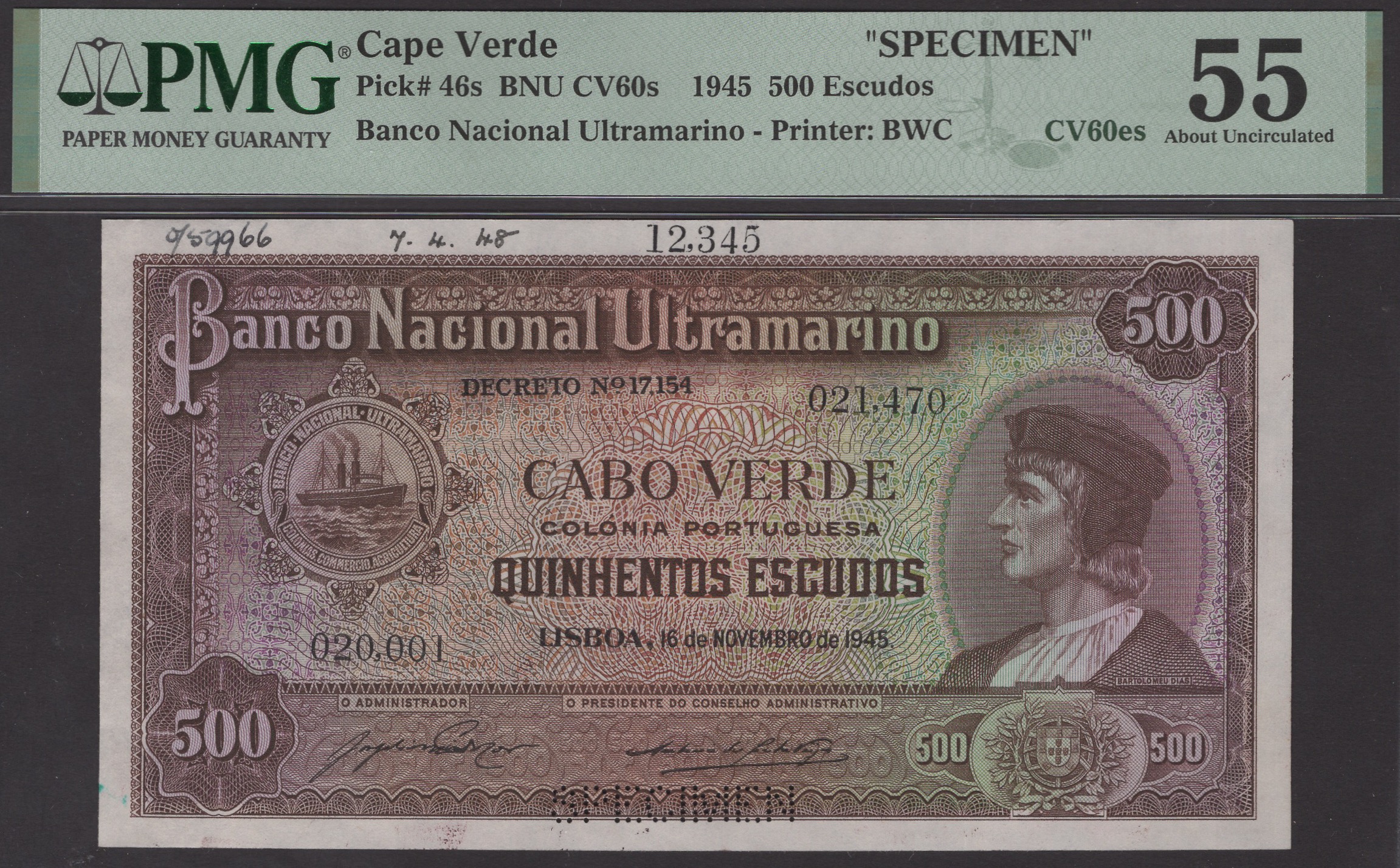 Banco Nacional Ultramarino, Cape Verde, printers archival specimen 500 Escudos (3), 16... - Bild 3 aus 4