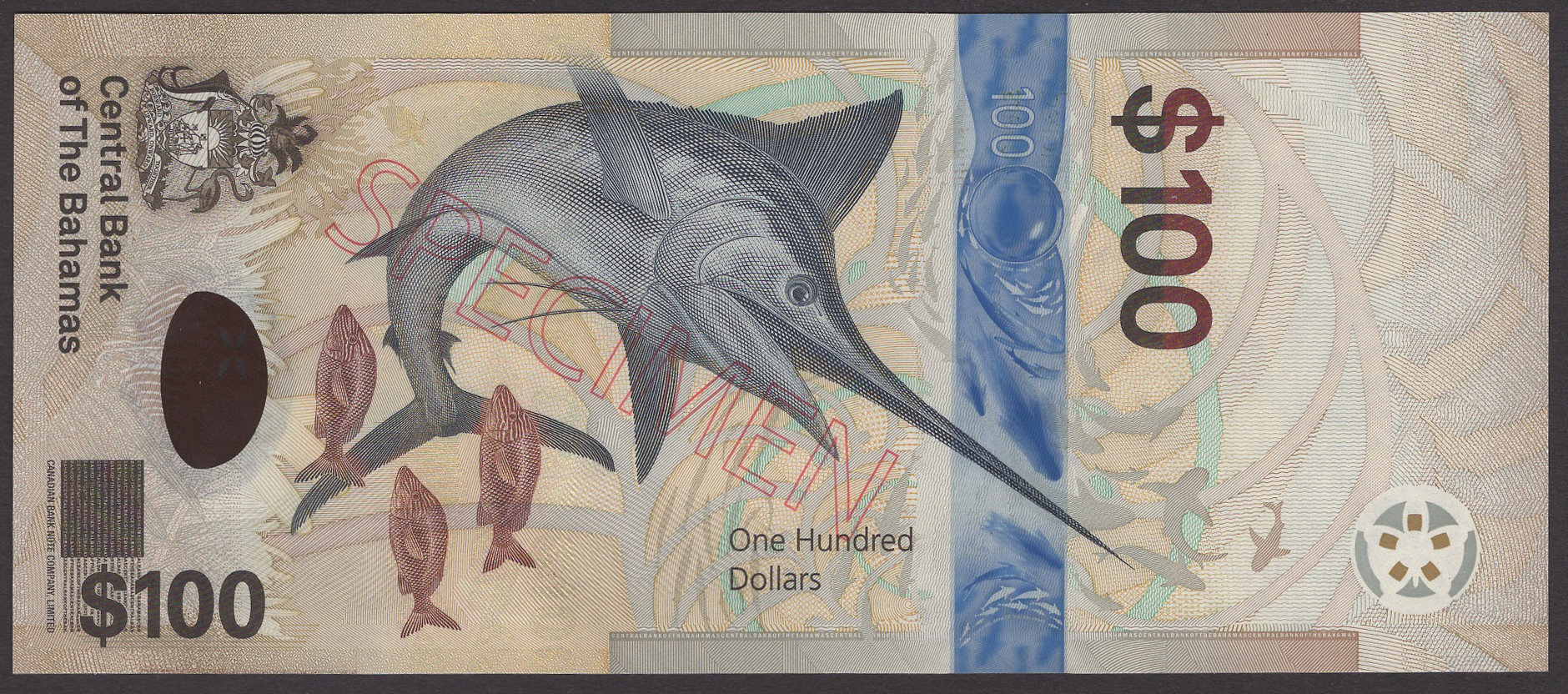 Central Bank of the Bahamas, specimen $100, 2021, serial number A0000000, Rolle signature,... - Image 2 of 2