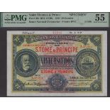 Banco Nacional Ultramarino, St Thomas & Prince, printers archival specimen 20 Escudos, 21...