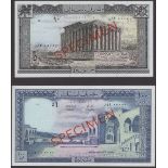 Banque du Liban, specimen 50 and 100 Livres, 1964, zero serial numbers, red SPECIMEN...