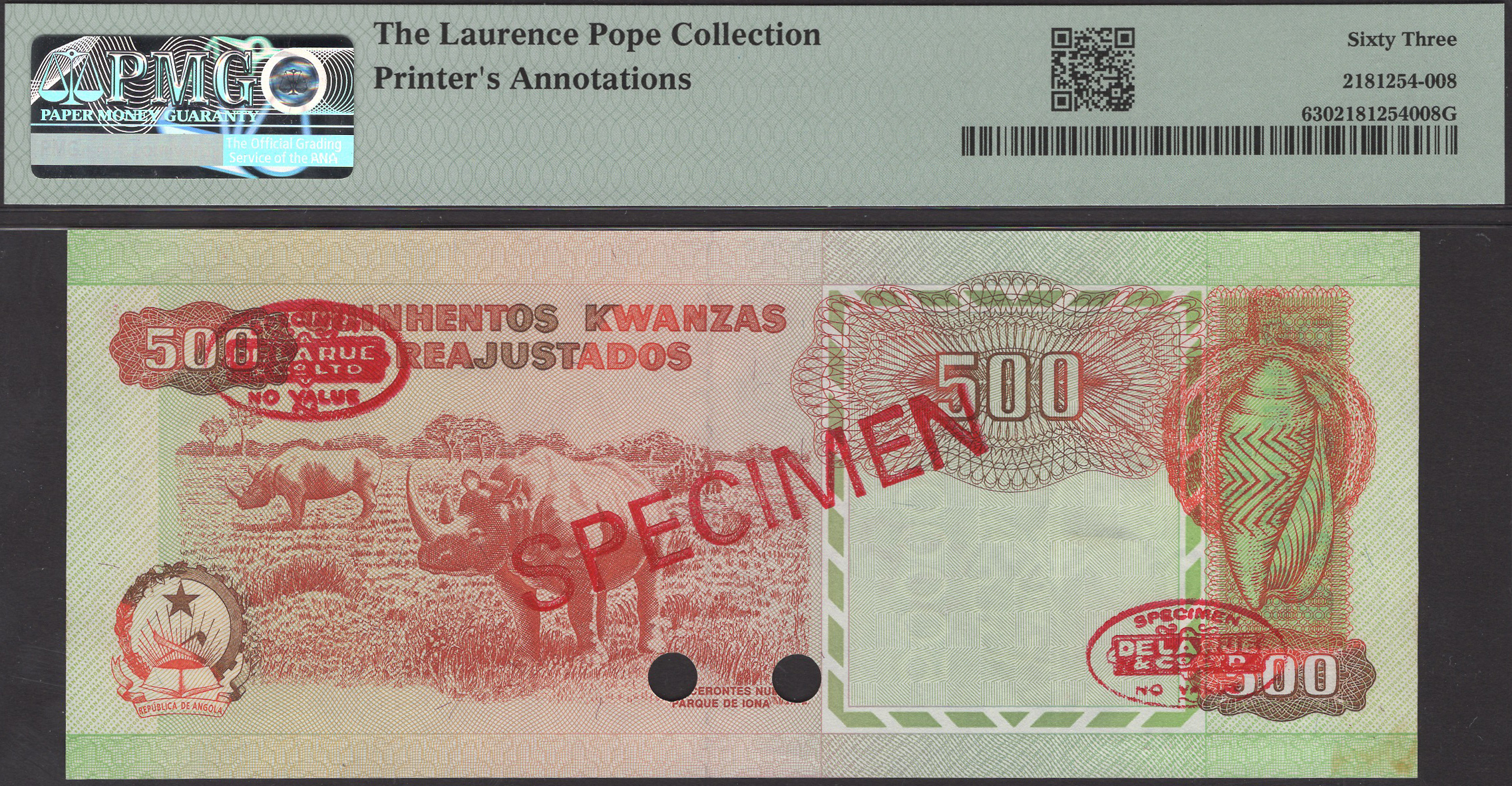Banco Nacional de Angola, specimen 500 Kwanzas rejustados, 14 August 1995, serial number... - Image 2 of 2