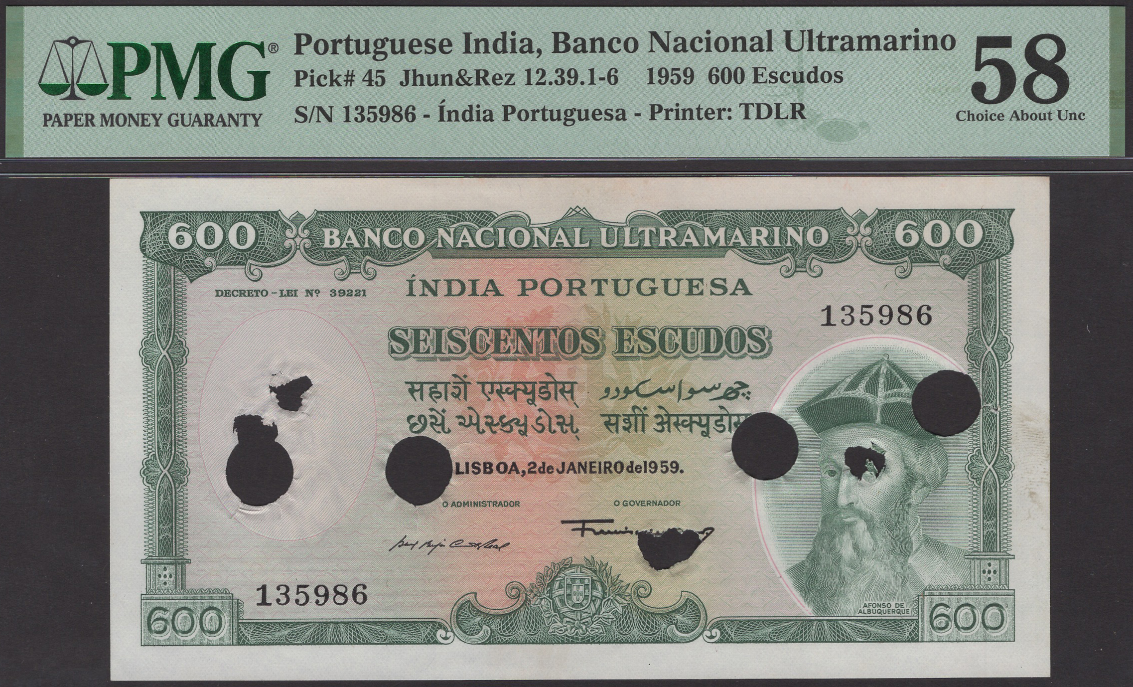 Banco Nacional Ultramarino, Portuguese India, 600 Escudos, 2 January 1959, serial number...