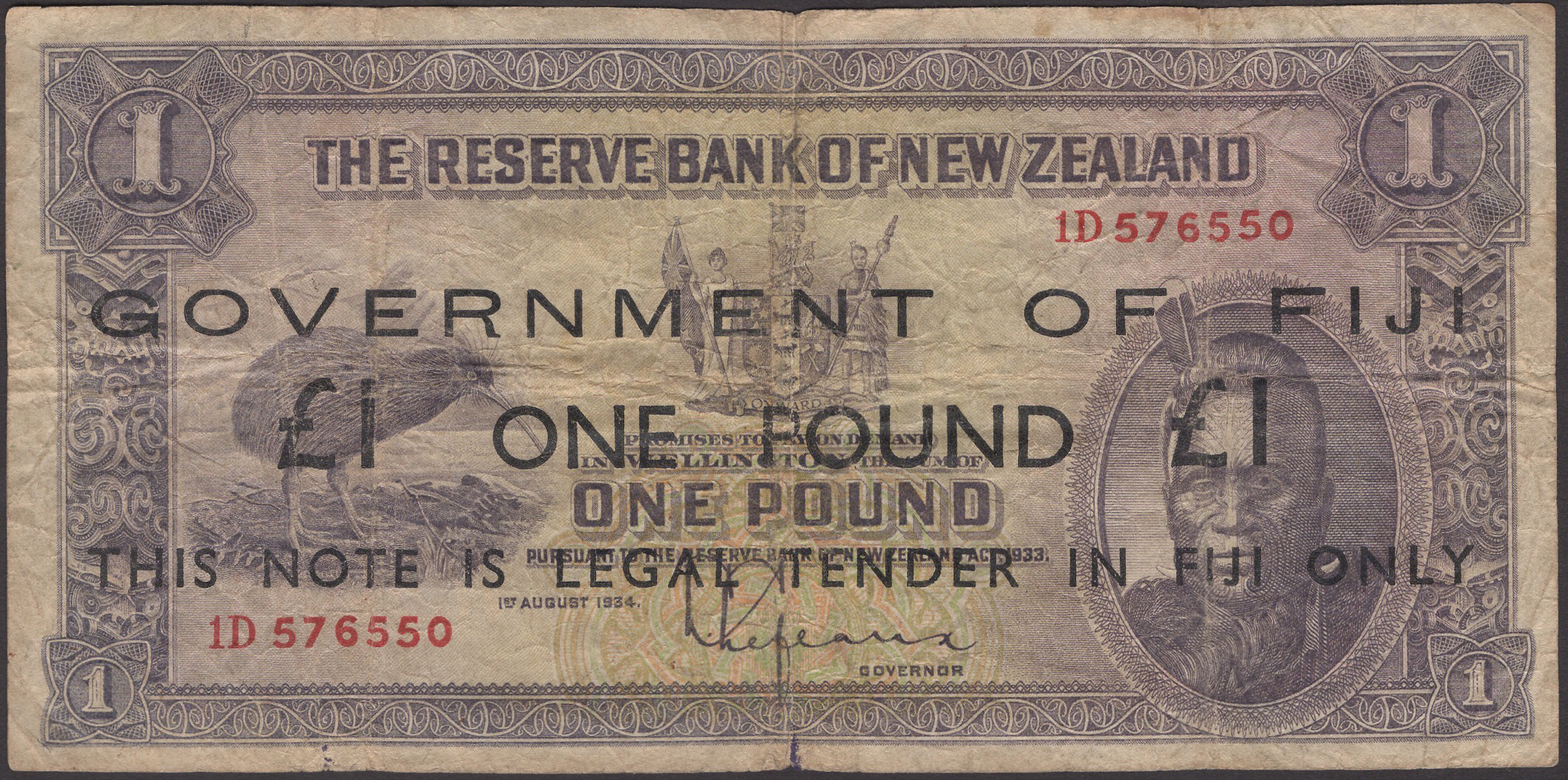 Government of Fiji (on Reserve Bank of New Zealand), Â£1 emergency issue, 1 August 1934...