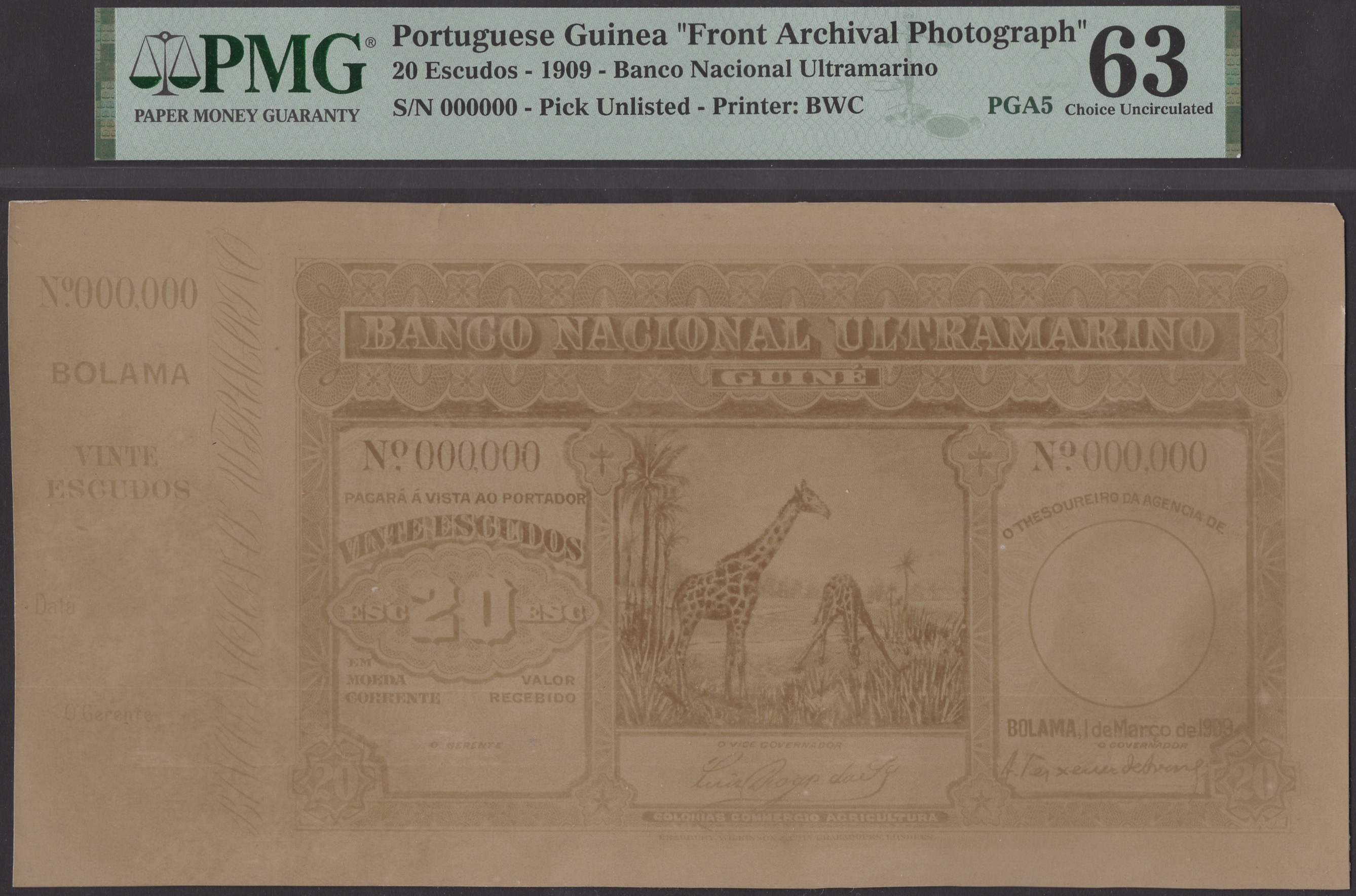 Banco Nacional Ultramarino, Portuguese Guinea, obverse and reverse sepia photographs...