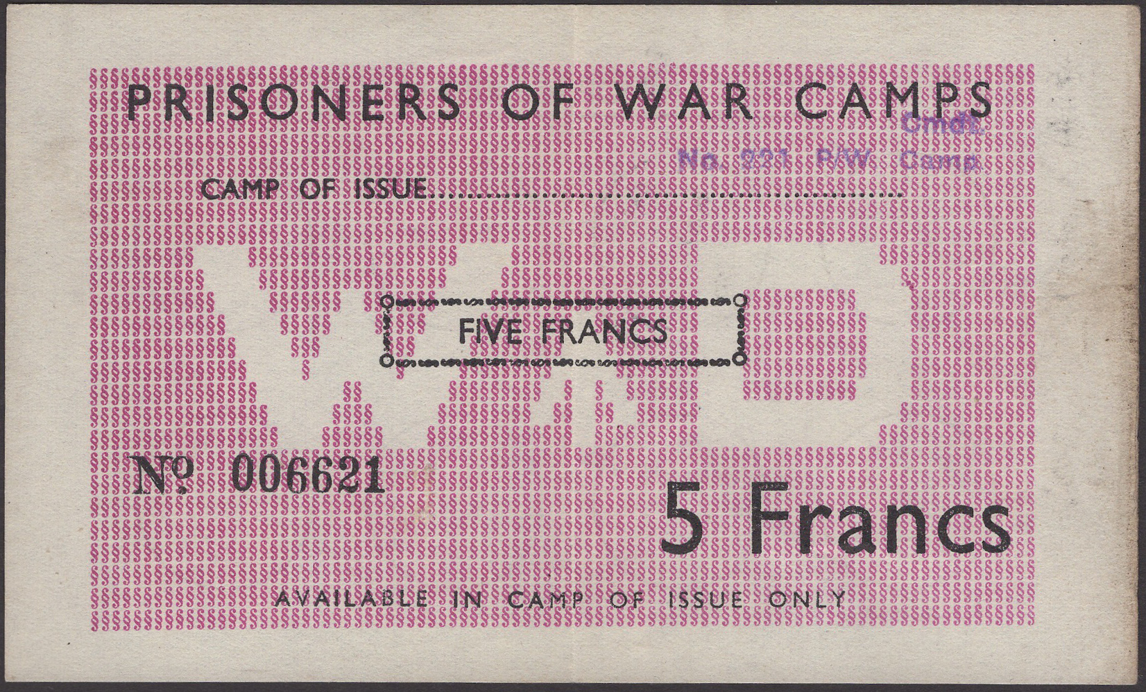 Prisoner of War Camps, France, 5 Francs, ND (1944-45), serial number 006621, handstamp on...