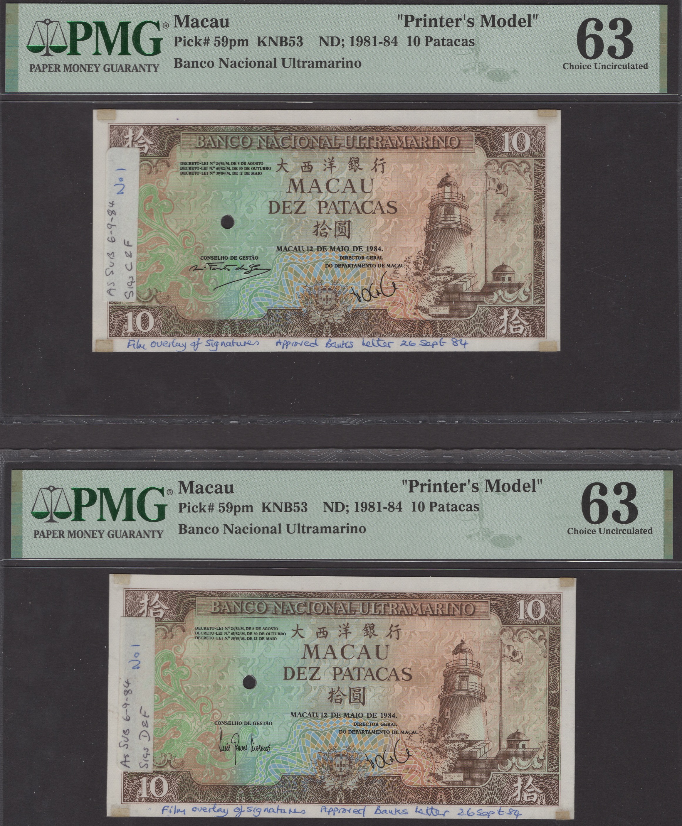 Banco Nacional Ultramarino, Macau, a series of highly unusual proofs (5) for the 10 Patacas... - Bild 3 aus 6