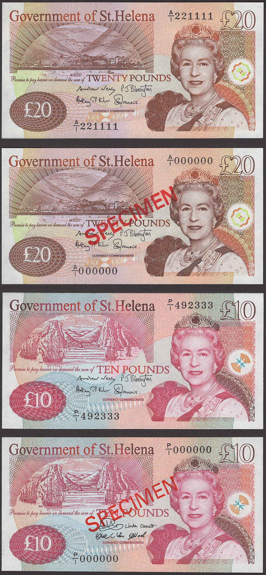 Government of St. Helena, specimen Â£10, ND (2012), serial number P/1 000000, also an...