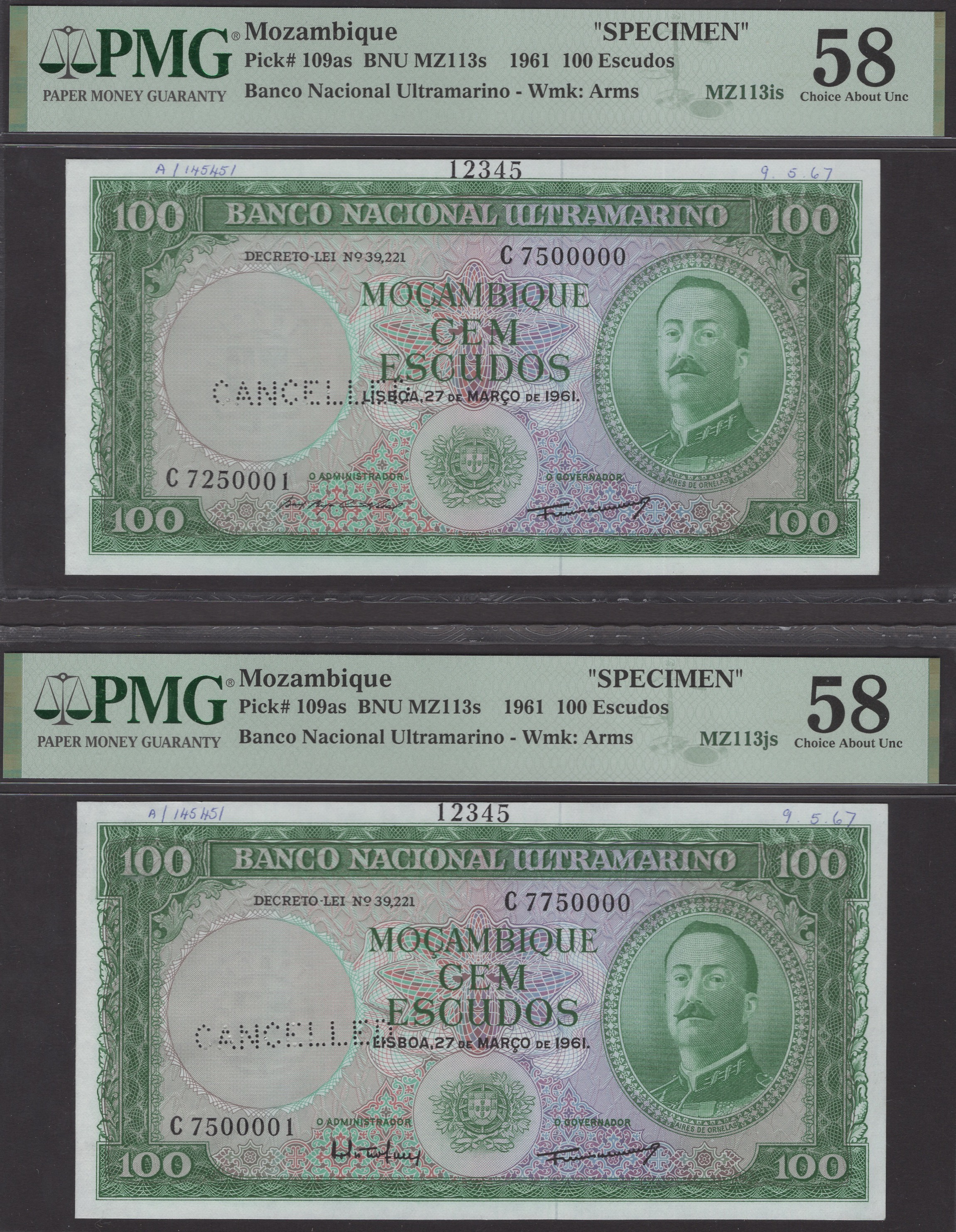 Banco Nacional Ultramarino, Mozambique, printers archival specimens for 100 Escudos (4), 27... - Image 3 of 4