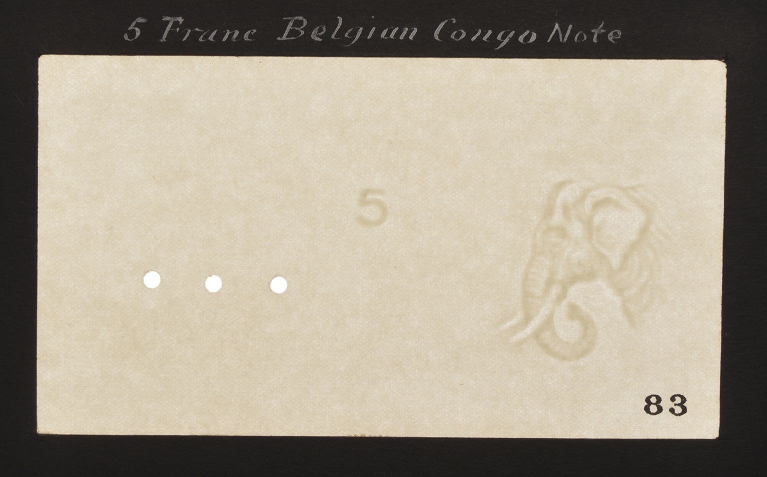 Banque du Congo Belge, watermarked paper (3) as used on the 5 Franc of 1924-30, glued into... - Image 2 of 3