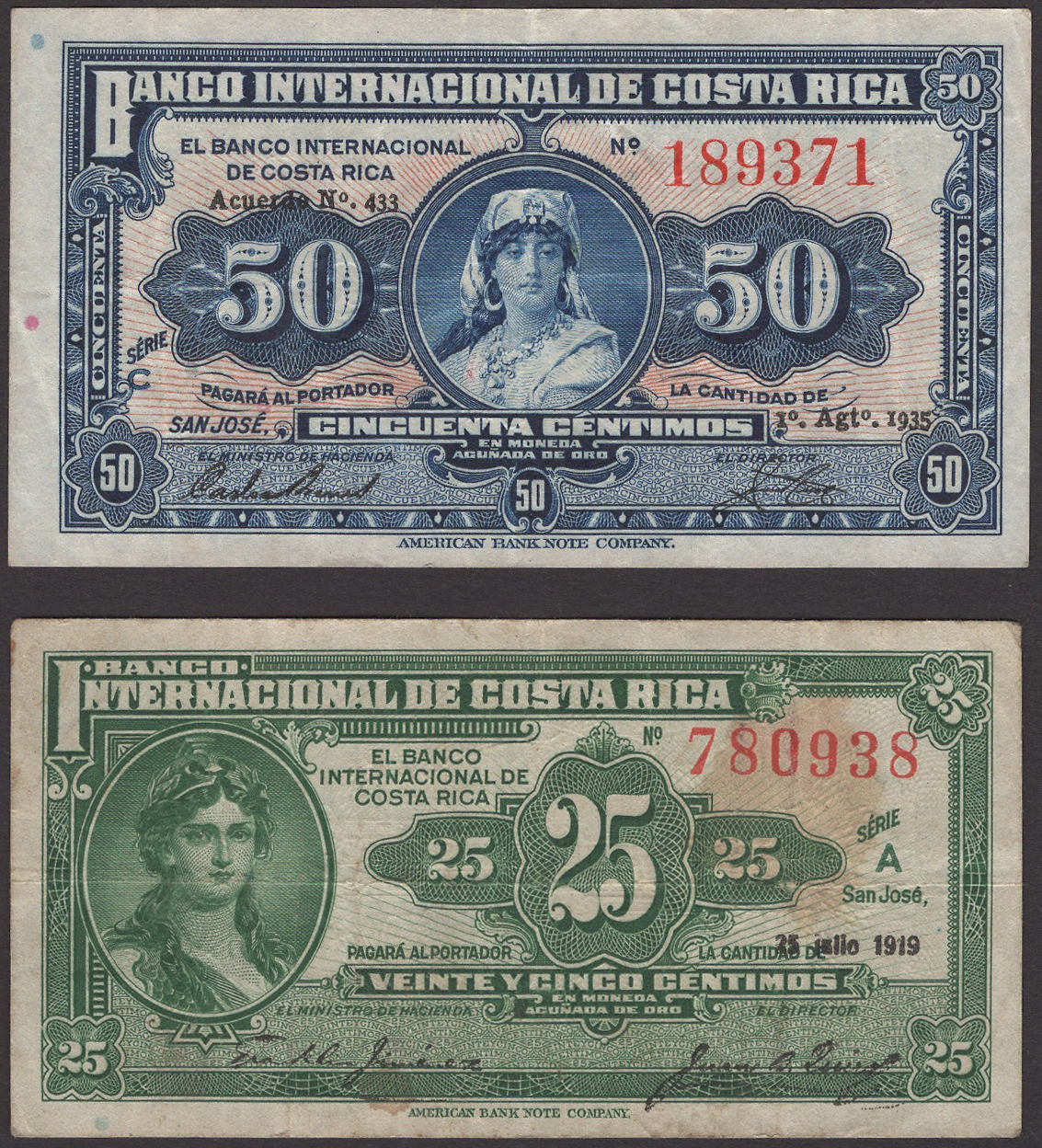 Banco International de Costa Rica, 25 Centimos, 25 July 1919, serial number A 780938 and 50...