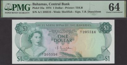 Central Bank of the Bahamas, $1, 1974, serial number A/1 205516, Donaldson signature, in...