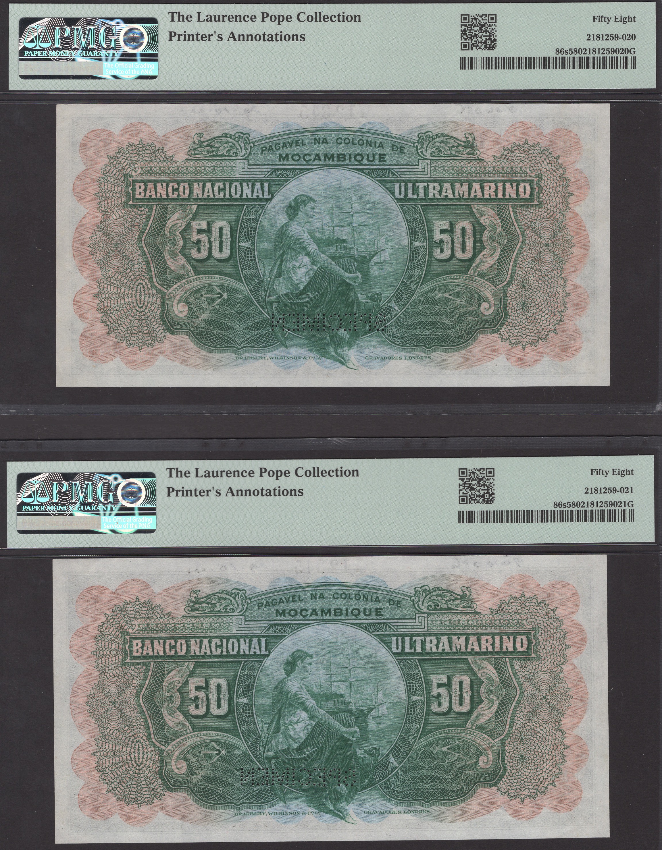 Banco Nacional Ultramarino, Mozambique, printers archival specimens for 50 Escudos (5), 1... - Bild 2 aus 6