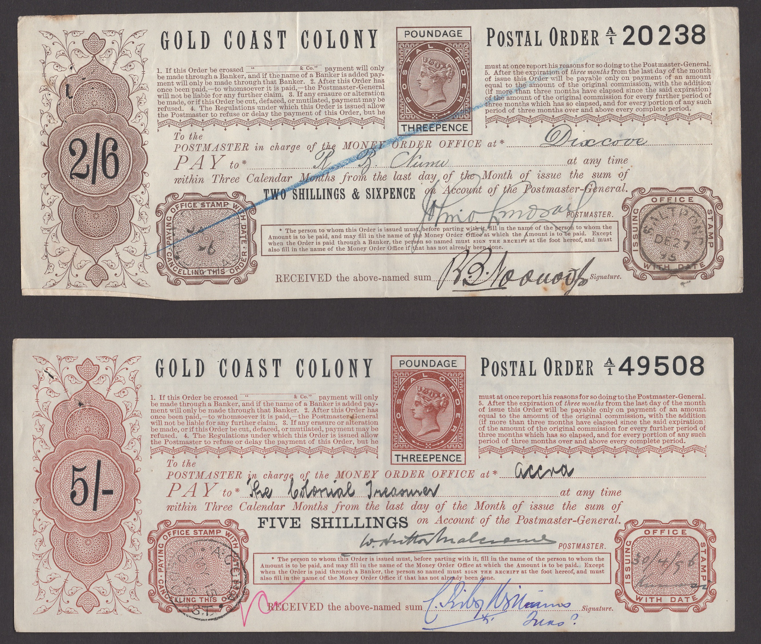 Gold Coast Colony (now Ghana), Postal Orders, a remarkable set of Victorian postal orders... - Bild 3 aus 6