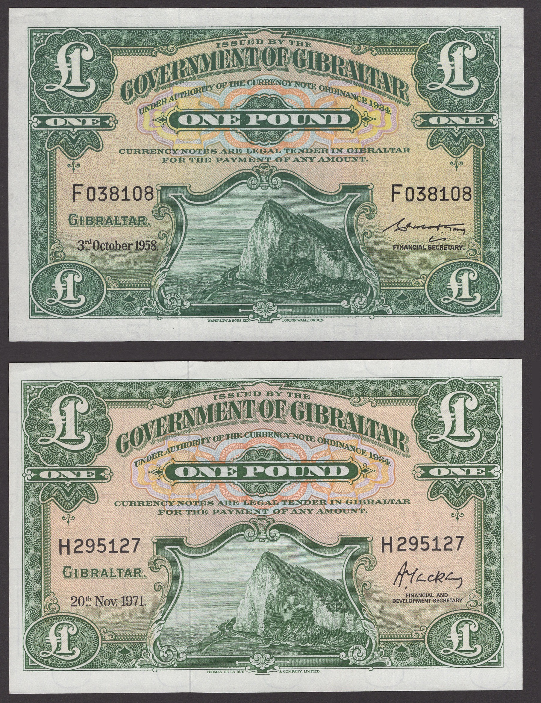 Government of Gibraltar, Â£1 (5), 1949, 1954 (2, both serial number fonts), 1958, 1971,... - Image 3 of 4