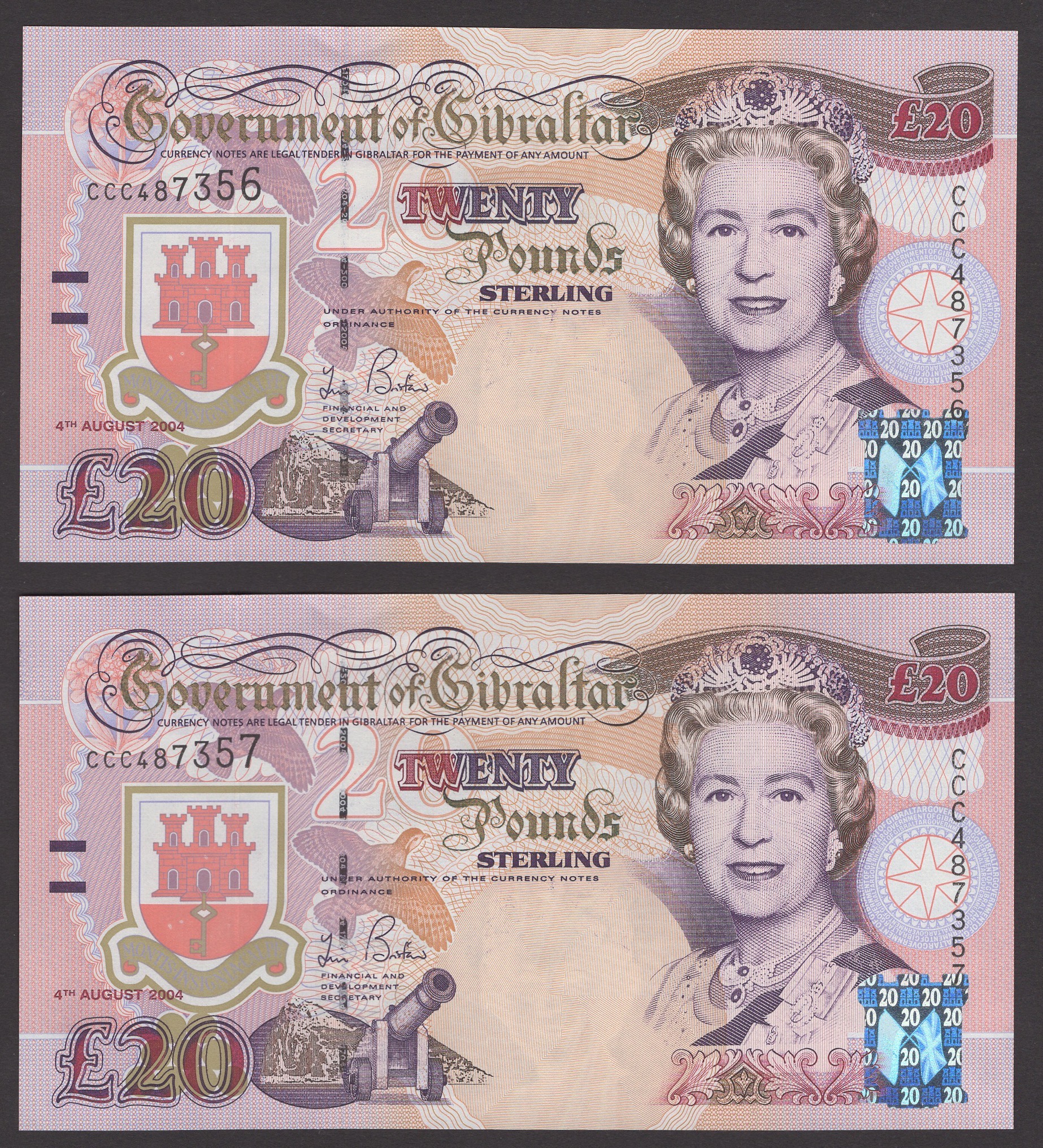 Government of Gibraltar, Â£20 (5), 4 August 2004, serial numbers CCC487353-57, Bristow... - Bild 3 aus 4
