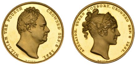 William IV, Coronation, 1831, a gold medal by W. Wyon, bust right, rev. bust of Queen Adelai...