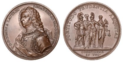 GENEVA, Comte de Lautrec, 1738, a copper medal by J. Dassier, armoured bust left, rev. Forti...