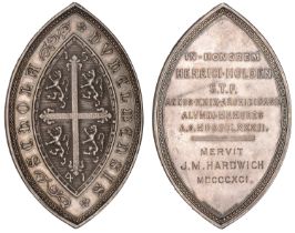 Local, CO. DURHAM, Durham School, a vessica-shaped silver award medal by W.J. Taylor, arms,...