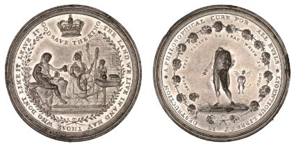 Monarchy and Constitution, 1795, a white metal medal by W. Whitley, domestic scene within wr...