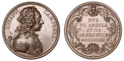 John, Duke of Argyll, 1743, a copper medal by J.-A. Dassier, bust right, rev. legend within...