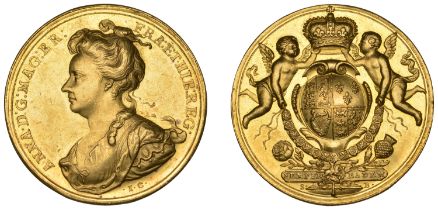 Union of England and Scotland, 1707, a gold medal by J. Croker & S. Bull, bust of Queen Anne...