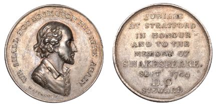 William Shakespeare, 1769, David Garrick's Jubilee, a silver medal by J. Westwood, bust righ...