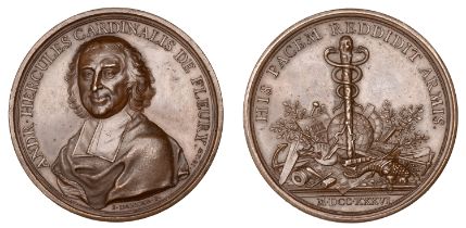 FRANCE, Cardinal AndrÃ©-Hercule de Fleury, 1736, a copper medal by J. Dassier, bust facing th...