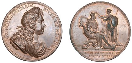 George I, Coronation, 1714, a copper medal by J. Croker, laureate bust right, rev. Britannia...