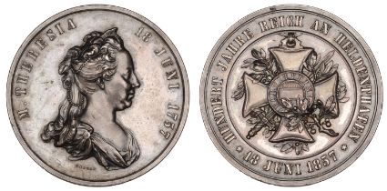 AUSTRIA, Centenary of the Order of Maria Theresa, 1857, a silver medal by W. Seidan, diademe...