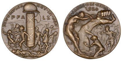 GERMANY, The Gessler Hat in the Palatinate, 1920, a cast bronze medal by K. Goetz, helmeted...