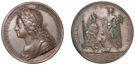 George II, Coronation, 1727, a copper medal by J. Croker, laureate bust left, rev. king, ent...