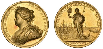 Peace of Utrecht, 1713, a gold medal by J. Croker, laureate and draped bust of Anne left, re...