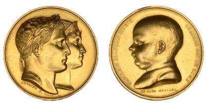 FRANCE, Birth of the King of Rome, 1811, a gold medal by B. Andrieu, conjoined busts of Napo...