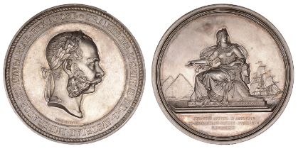 AUSTRIA, Opening of the Suez Canal, 1869, a silver medal by J. Tautenhayn, laureate head of...