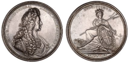 Treaty of Ryswick, 1697, a silver medal, unsigned [by J. Croker], laureate, armoured and dra...