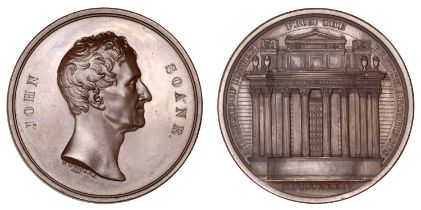 Sir John Soane, 1834, a bronze medal by W. Wyon, bare head right, rev. faÃ§ade of the Bank of...