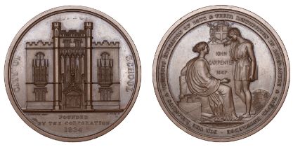 Foundation of the City of London School, 1834, a copper medal by B. Wyon, faÃ§ade of building...