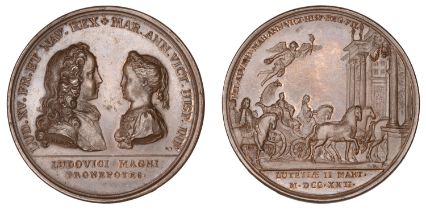 FRANCE, Entry of the Infanta Mariana Victoria into Paris, 1722, a copper medal by J. Le Blan...