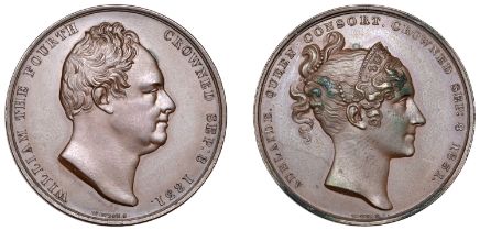 William IV, Coronation, 1831, a copper medal by W. Wyon, bare head right, rev. diademed head...