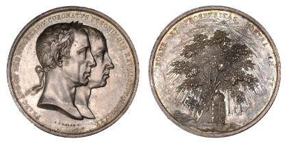 HUNGARY, Coronation of Ferdinand V, 1830, a silver medal by J.D. Boehm, conjoined busts of F...