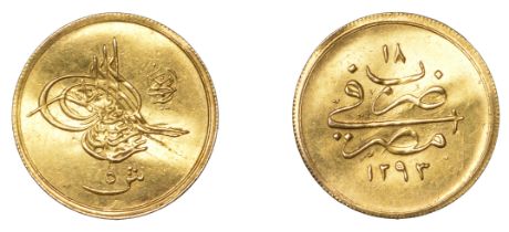 Abdul Hamid II, gold 5 Qirsh, Misr 1293h, yr 18, 0.43g/12h (OC 34-013-03; KM 298). Extremely...