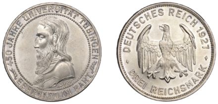 Germany, Weimar Republic, 3 Reichsmark, 1927f, 450th anniversary of the foundation of TÃ¼bing...