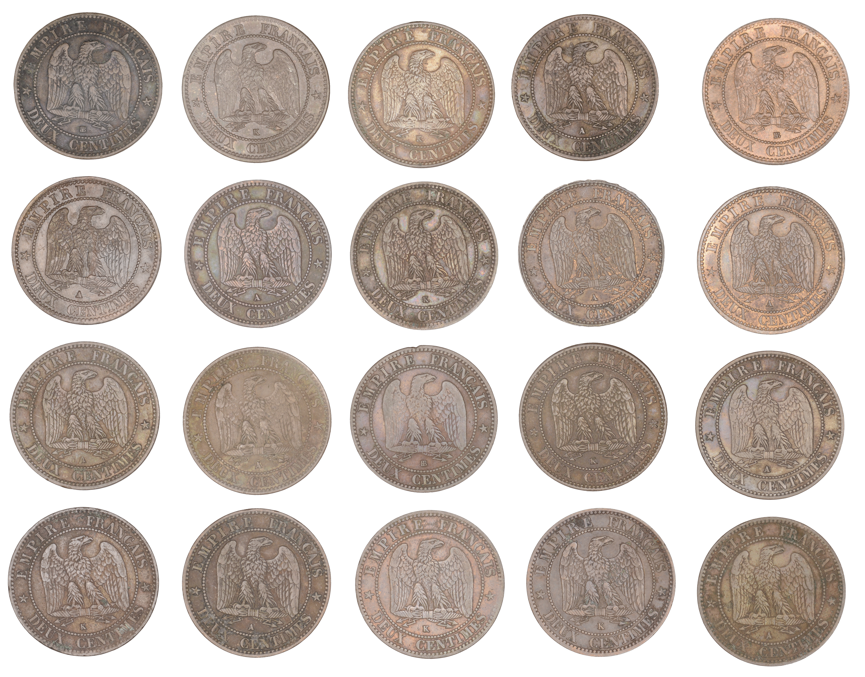 France, Napoleon III (1852-1870), 2 Centimes (20), 1861a (6), 1861bb (2), 1861k (4), 1862a (... - Image 2 of 2