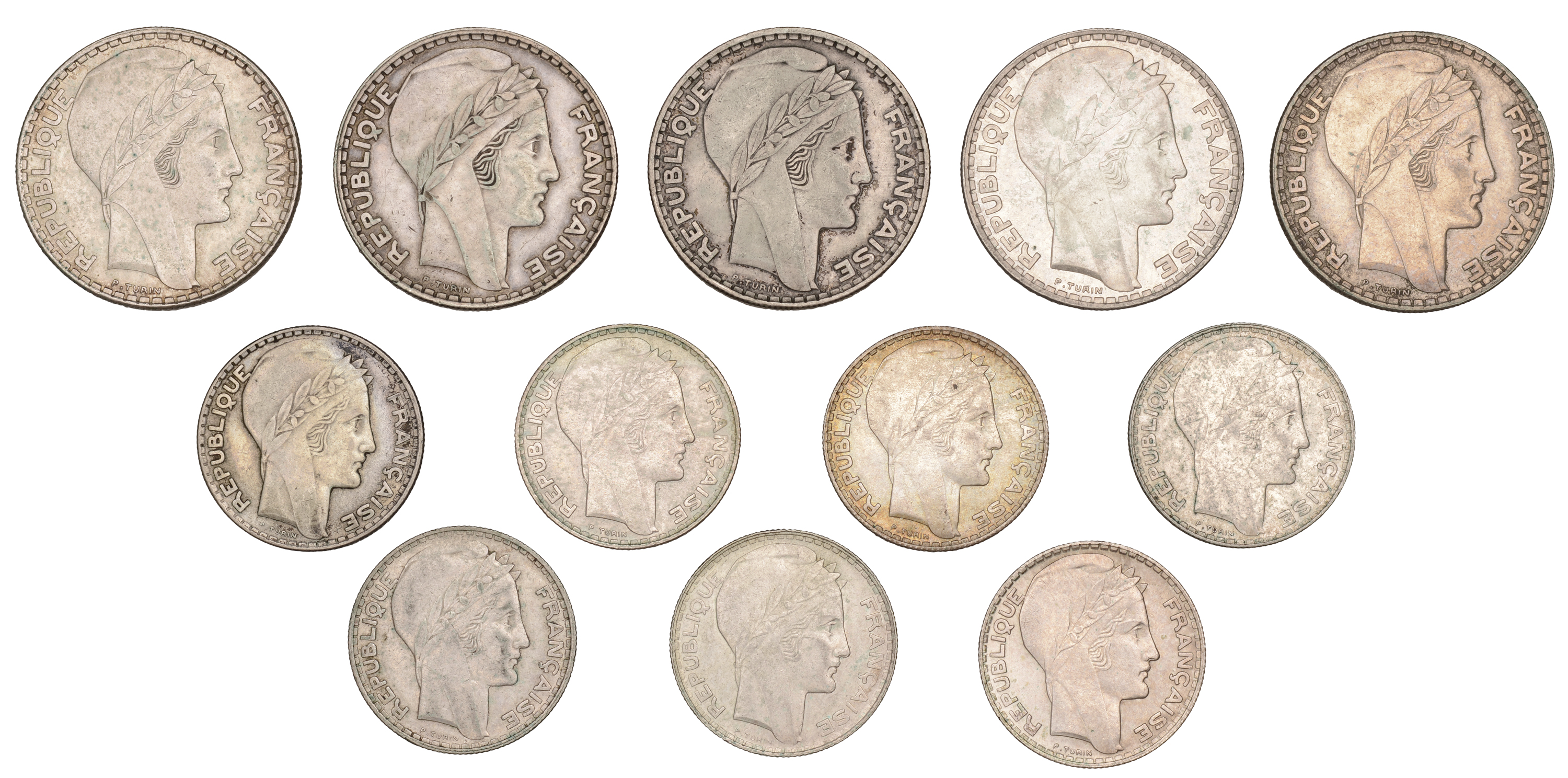 France, Third Republic (1871-1940), 20 Francs (5), 1929, 1933, 1934, 1937, 1938 (Gad. 852);...