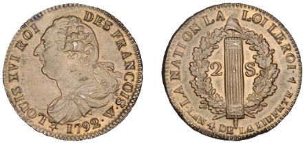 France, Louis XVI (1774-1793), 2 Sols, 1792w (pellet below w), Arras, 24.48g/6h (Dup. 1722;...
