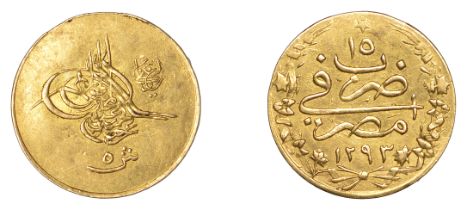 Abdul Hamid II, gold 5 Qirsh, Misr 1293h, yr 15, wreath on rev., 0.44g/12h (OC 34-013-02; KM...