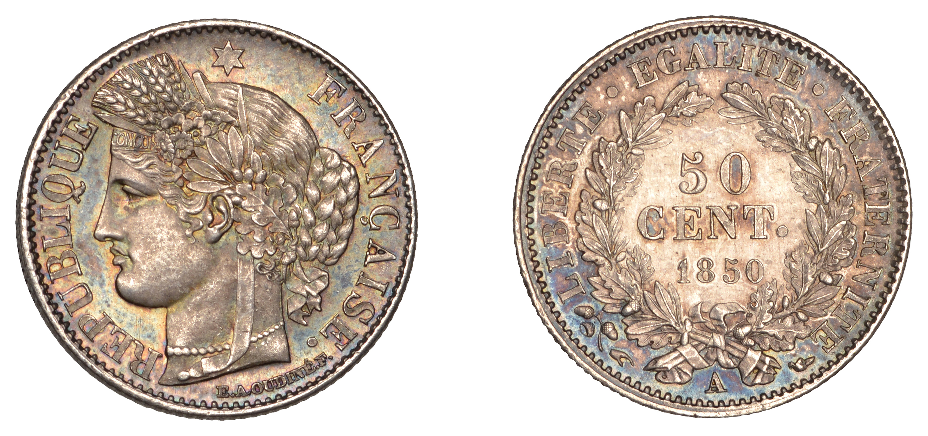 France, Second Republic (1848-1852), 50 Centimes, 1850a, Paris (Gad. 411; KM 769.1). Extreme...