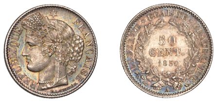 France, Second Republic (1848-1852), 50 Centimes, 1850a, Paris (Gad. 411; KM 769.1). Extreme...