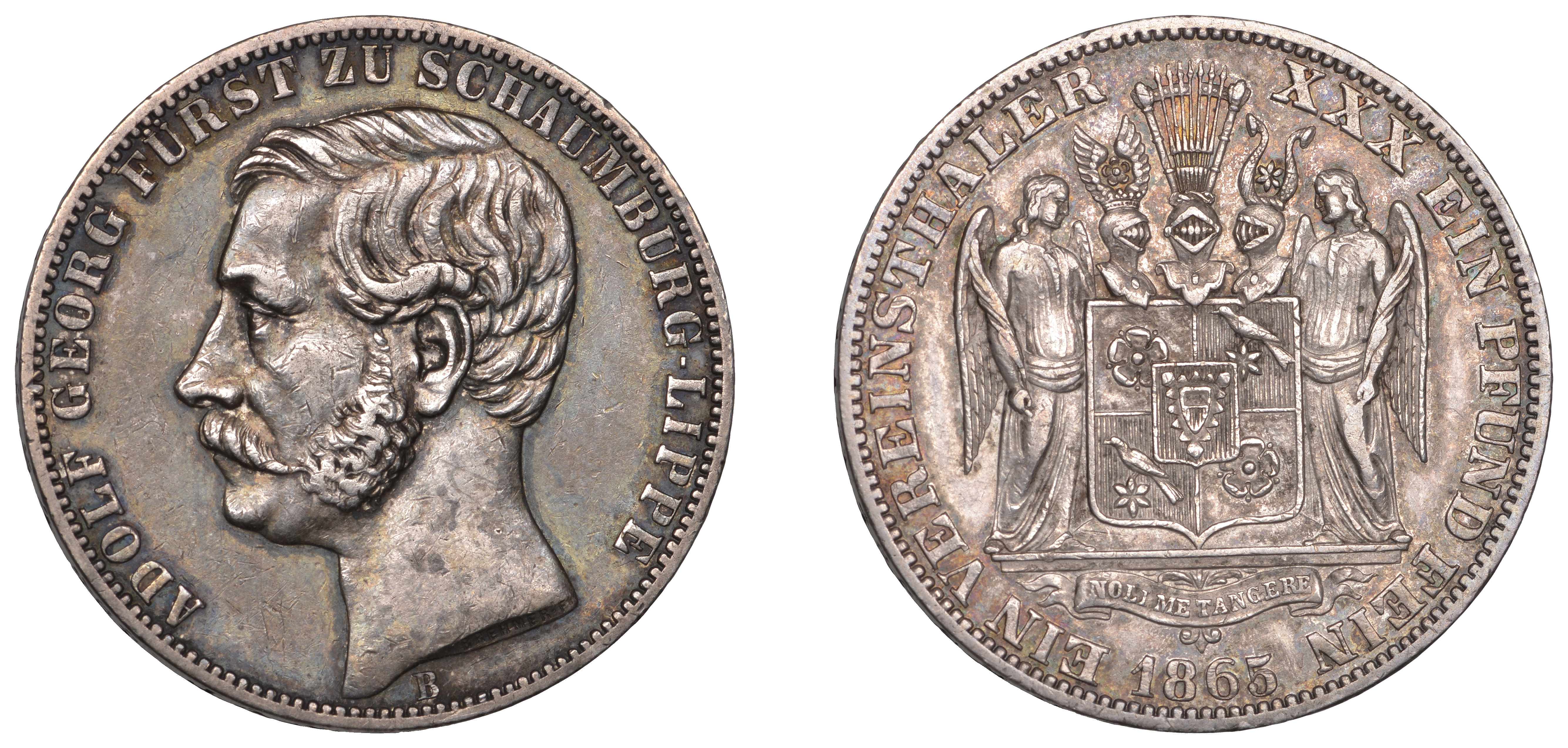 Germany, SCHAUMBURG-LIPPE, Adolf Georg, Thaler, 1865b (Dav. 910; KM 47). Very fine, scarce...